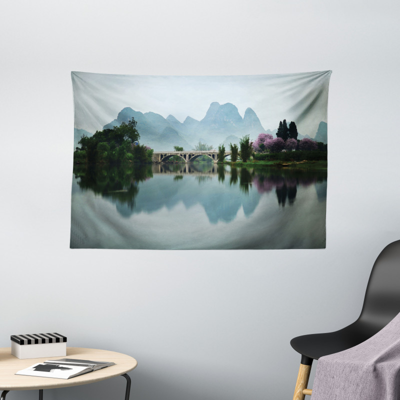 Japanese Lake View Wide Tapestry