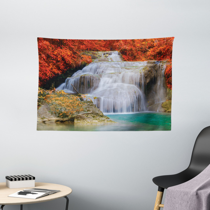 Autumn Leaves on Lake Wide Tapestry