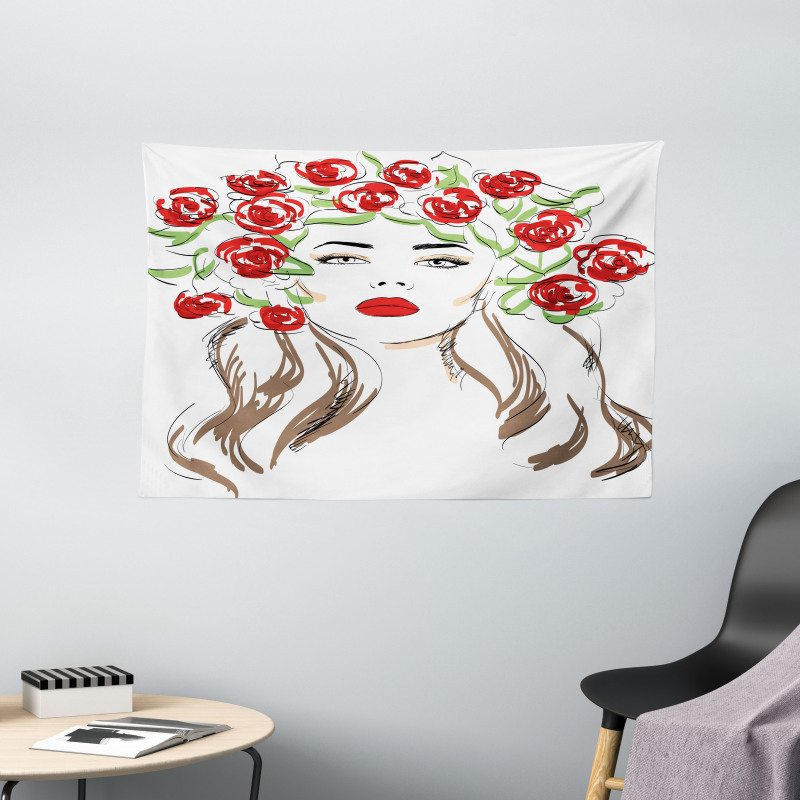 Lady with Floral Ornament Wide Tapestry