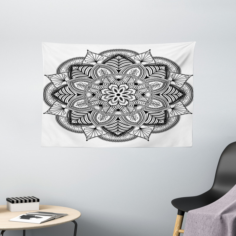 Mandala Black White Art Wide Tapestry