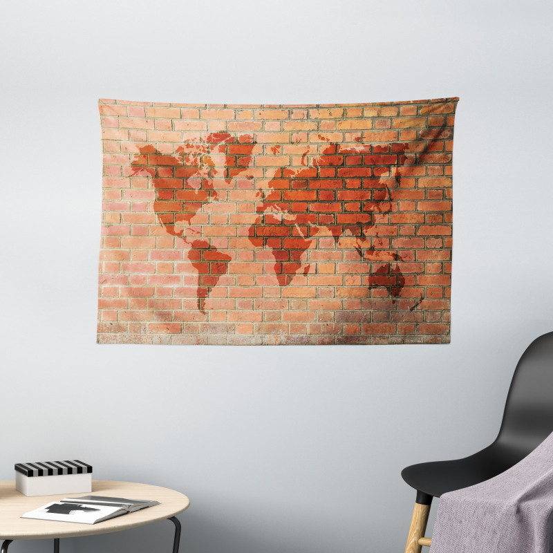 World Map on Brick Wall Wide Tapestry
