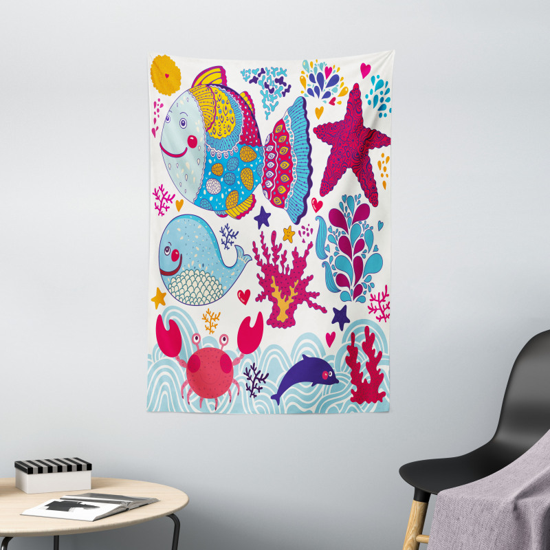 Cartoon Marine Ocean Life Tapestry