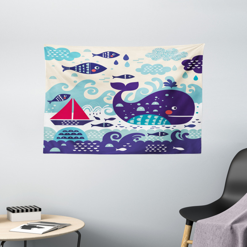 Cartoon Whale an Fishes Wide Tapestry