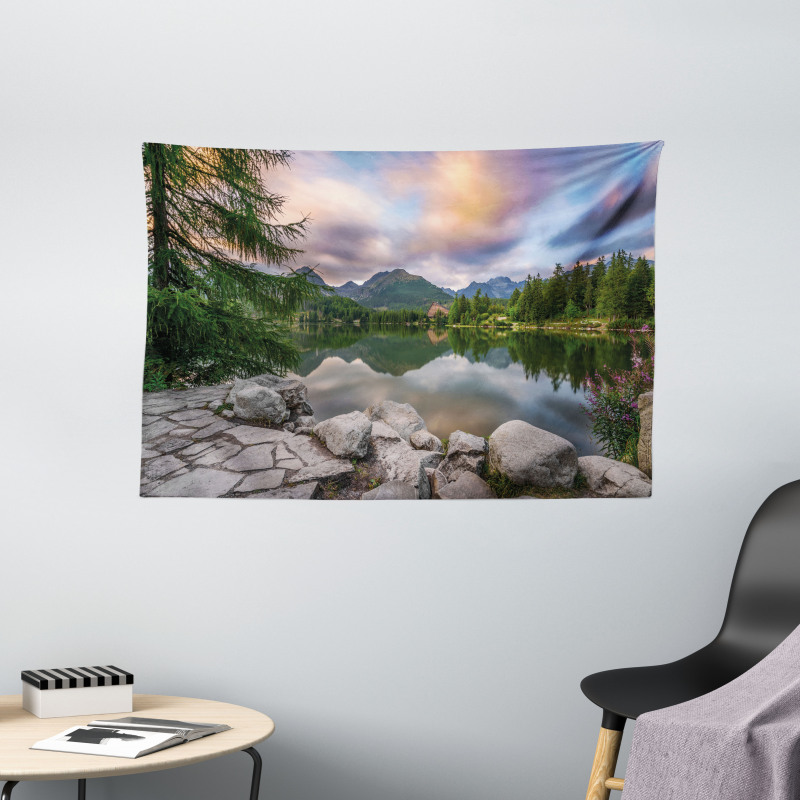 Lake by Forest Mountain Wide Tapestry