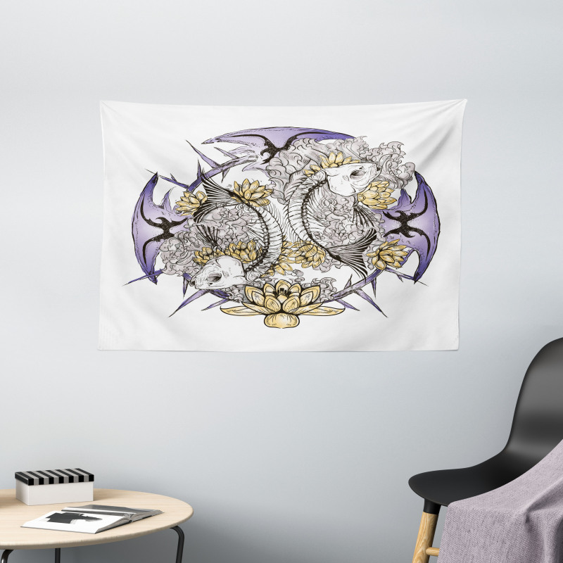 Fish Skeleton Lotus Art Wide Tapestry