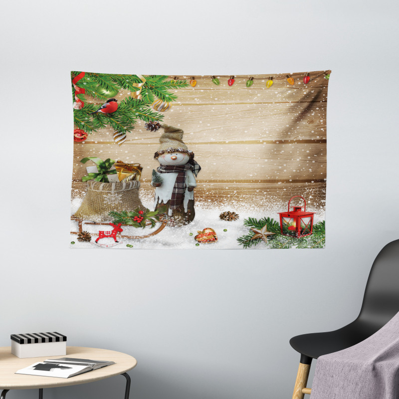 Snowman in the Garden Wide Tapestry