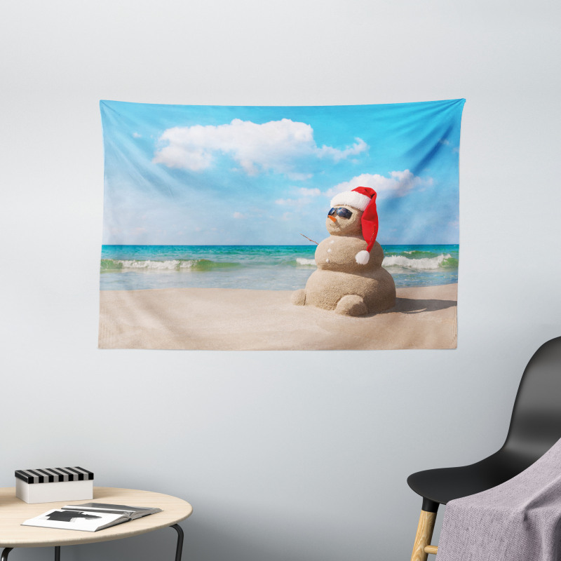 Sandman with Santa Hat Wide Tapestry