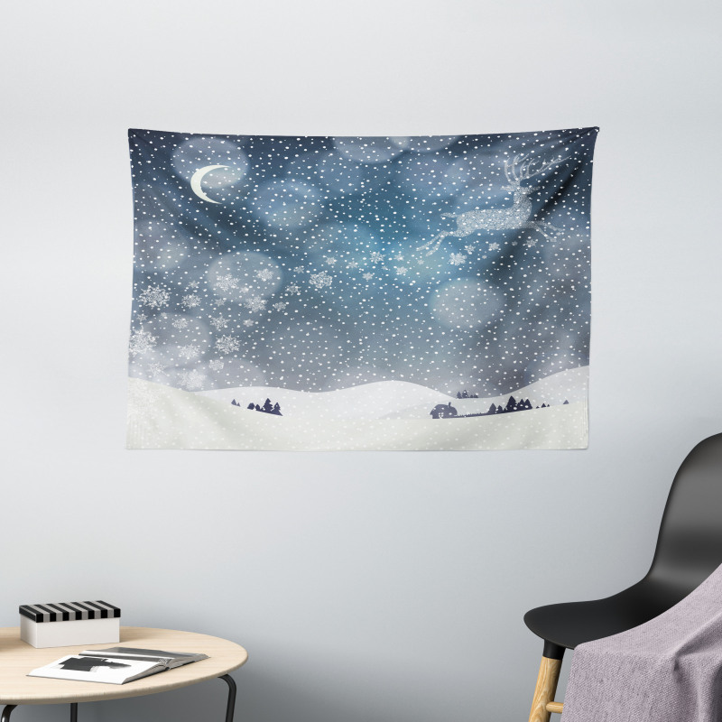 Snowy Landscape at Night Wide Tapestry