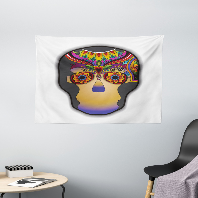 Colored Flower Skull Wide Tapestry