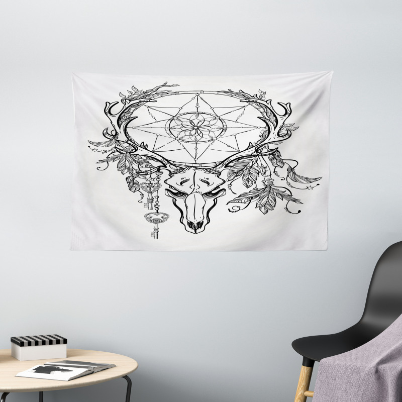 Skull with Feathers Wide Tapestry