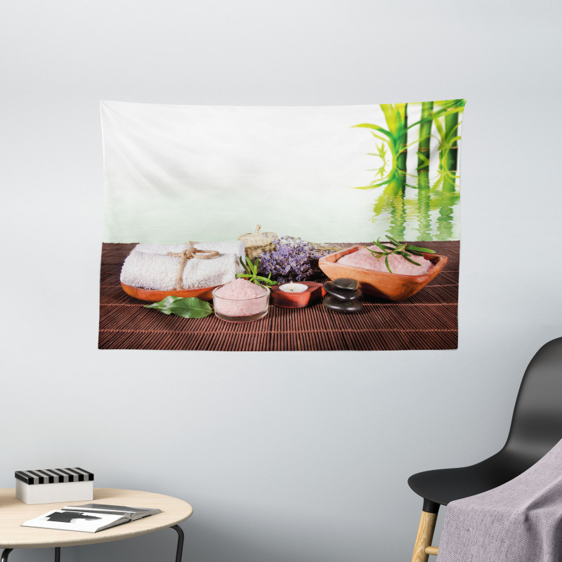 Bamboos Flowers Stones Wide Tapestry