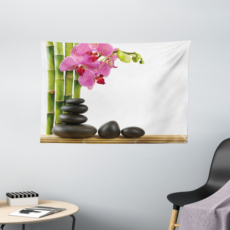 Pink Orchid and Bamboos Wide Tapestry