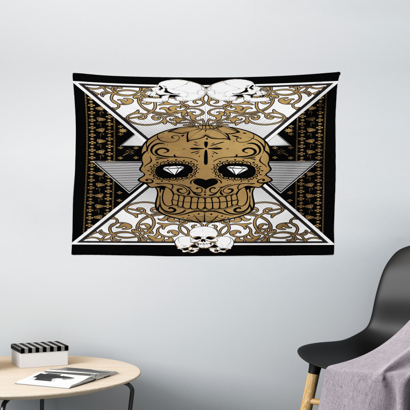 Skull and Flowers Tattoo Wide Tapestry