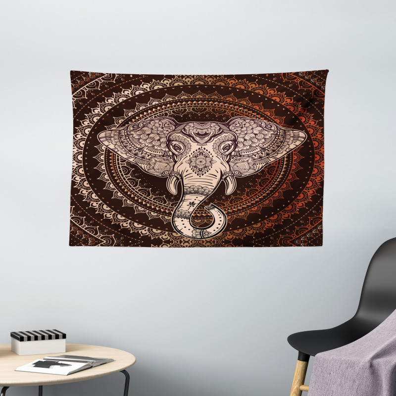 Oriental Elephant Head Wide Tapestry