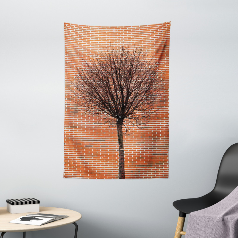 Brick Wall Lonely Fall Tree Tapestry