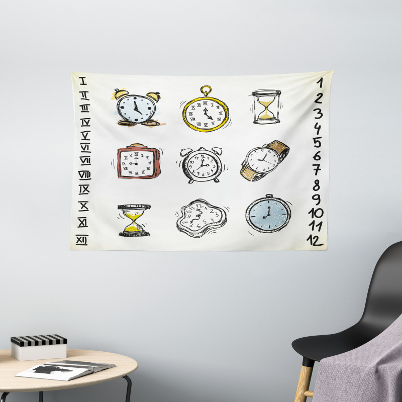 Hand Drawn Vintage Clock Wide Tapestry