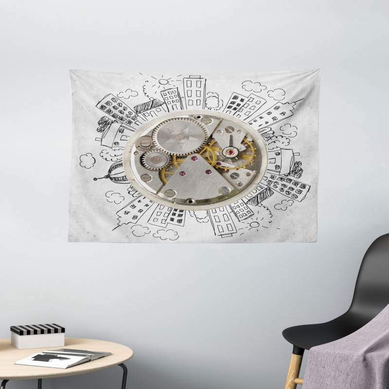 Alarm Clock with Clouds Wide Tapestry