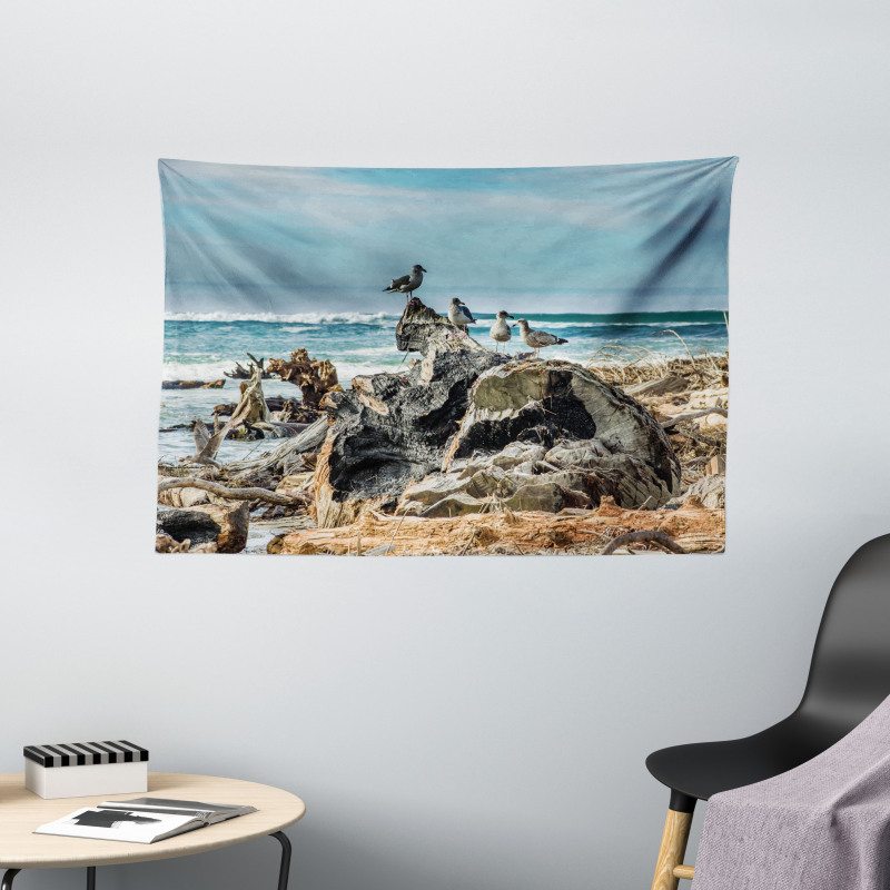 Driftwood Shore Seagull Wide Tapestry