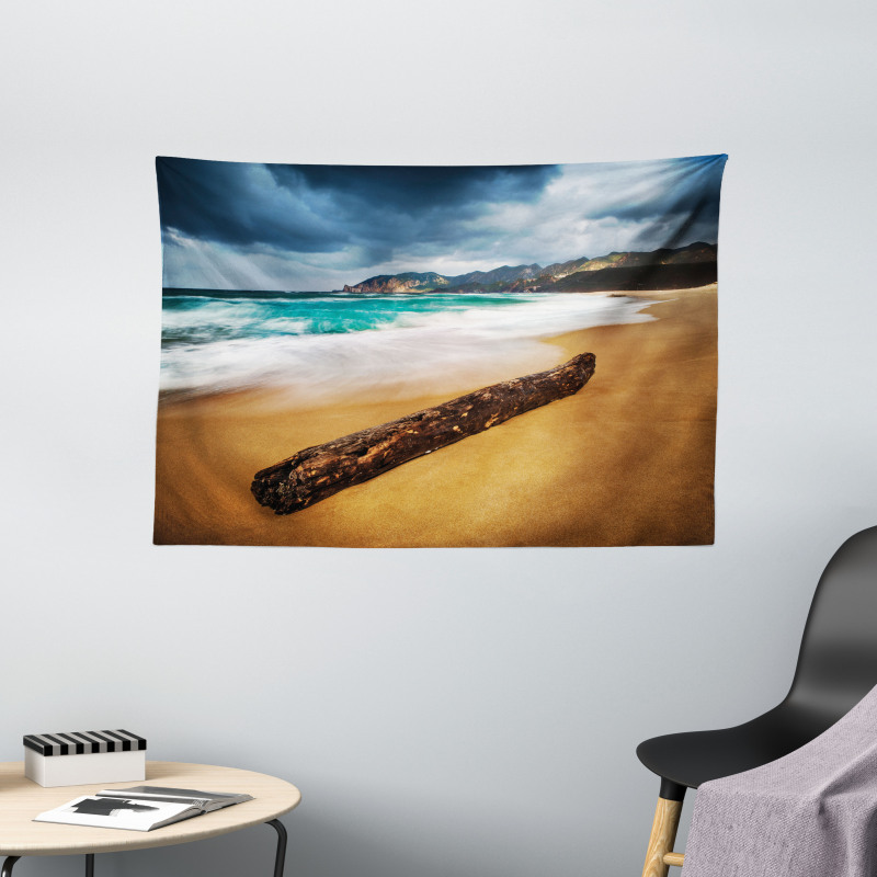 Beach with Stormy Weather Wide Tapestry