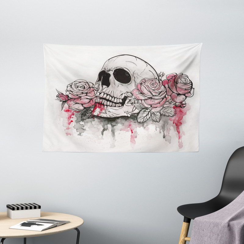 Skull Head Roses Wide Tapestry