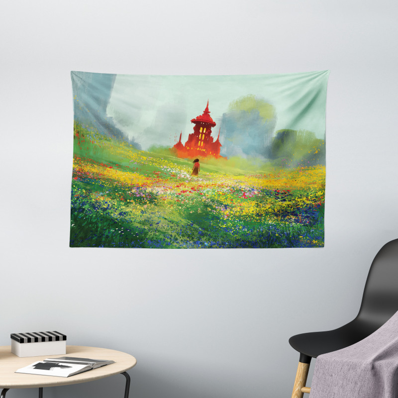 Flower Scary Castle Wide Tapestry