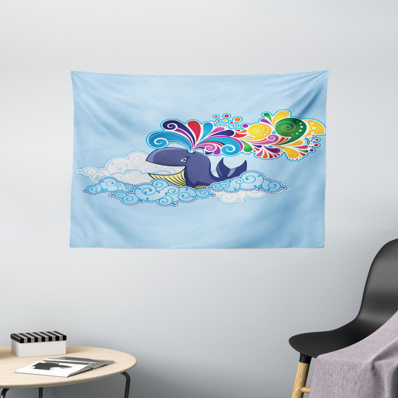 Whale on Cloud Rainbow Wide Tapestry