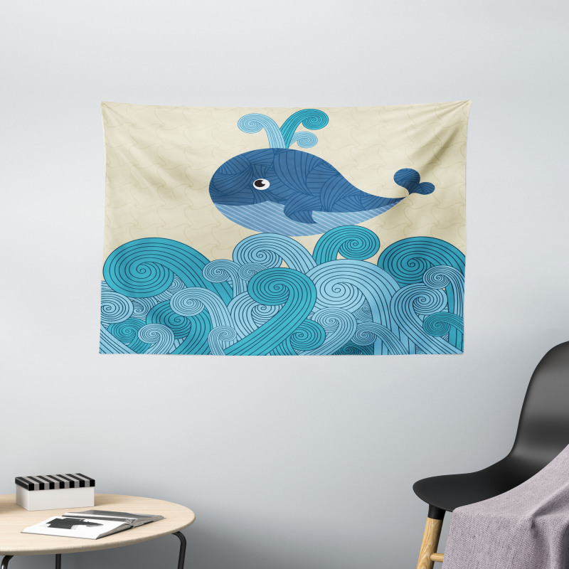 Smiley Whale and Lines Wide Tapestry