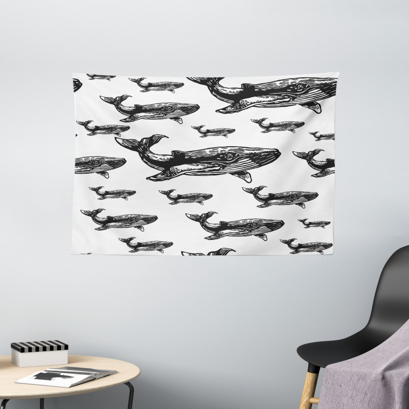 Hand Drawn Big Whales Wide Tapestry