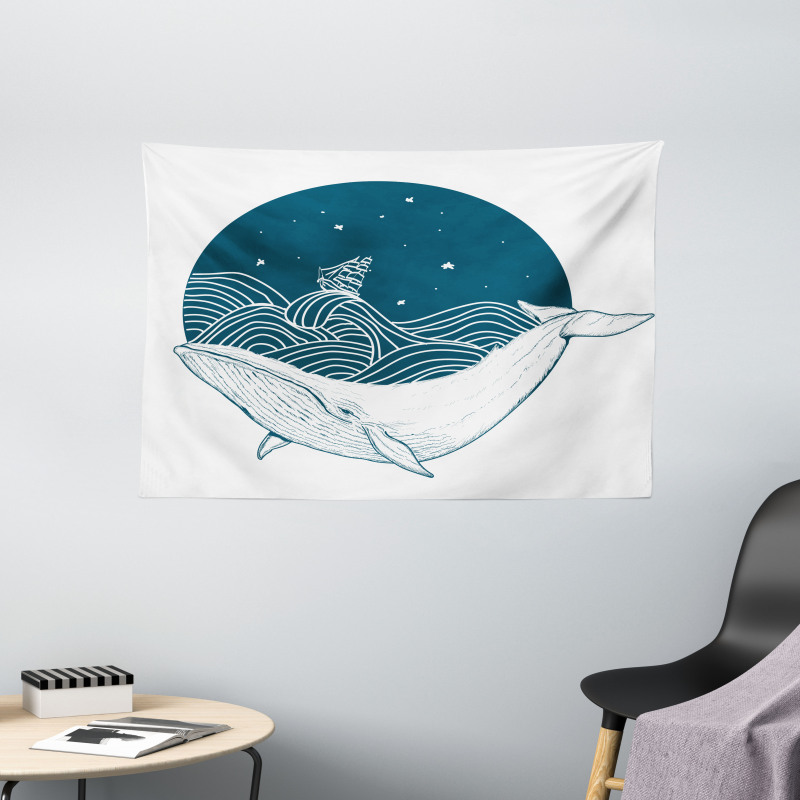 Whale and Stars Old Ship Wide Tapestry