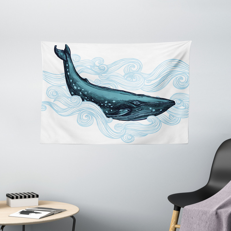 Whale with Striped Wave Wide Tapestry