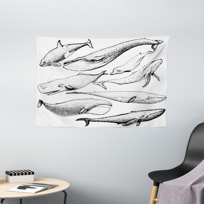 Hand Drawn Single Whale Wide Tapestry