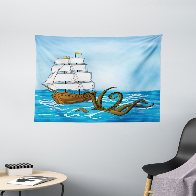 Ship in Waves and Kraken Wide Tapestry