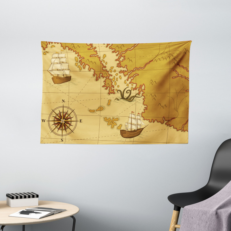 Old Map with Ship Compass Wide Tapestry