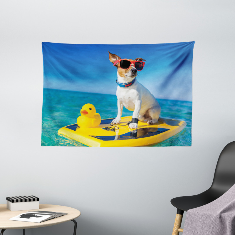 Dog Duck Surfing Wide Tapestry