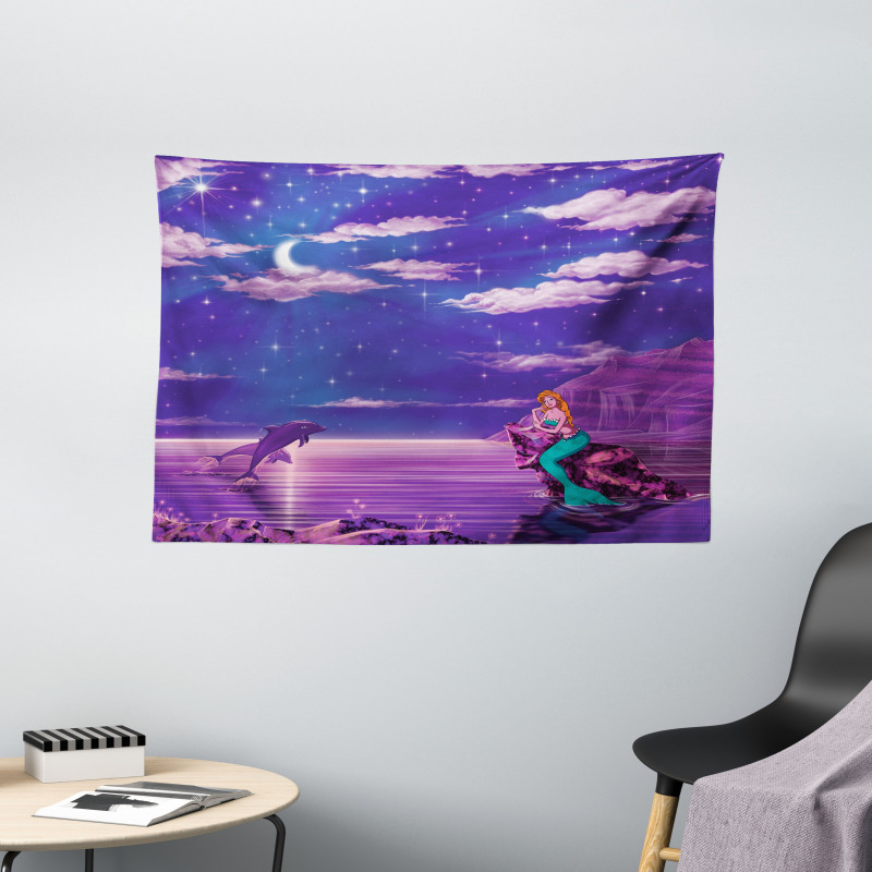 Cartoon Style Dolphins Wide Tapestry