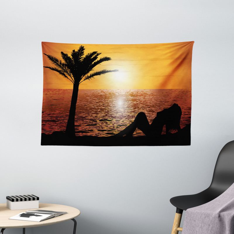 Girl Tropic Beach with Sunset Wide Tapestry
