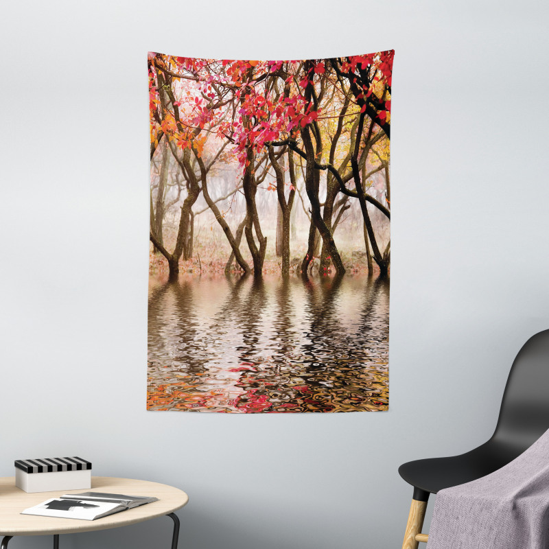 Fall Season River with Trees Tapestry