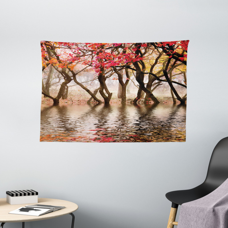 Fall Season River with Trees Wide Tapestry