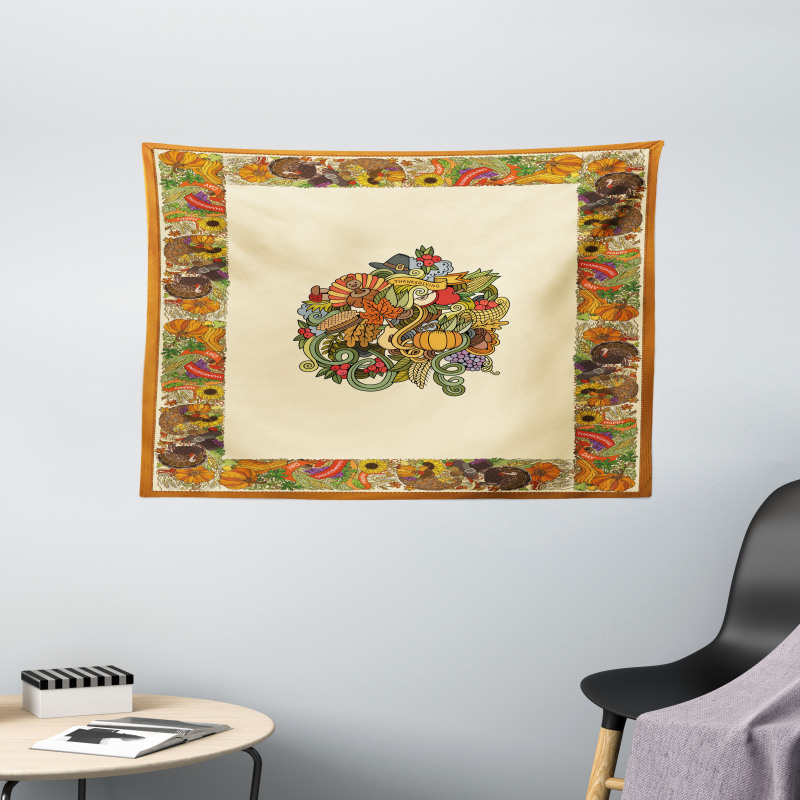 Pumpkin Wreath Bow Wide Tapestry