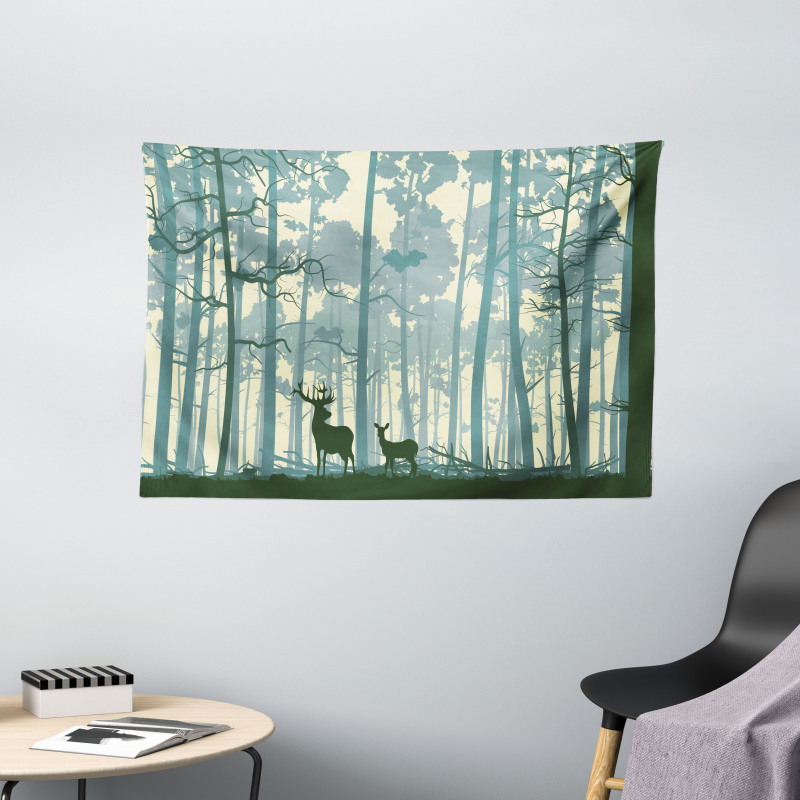 Animals in Foggy Forest Wide Tapestry