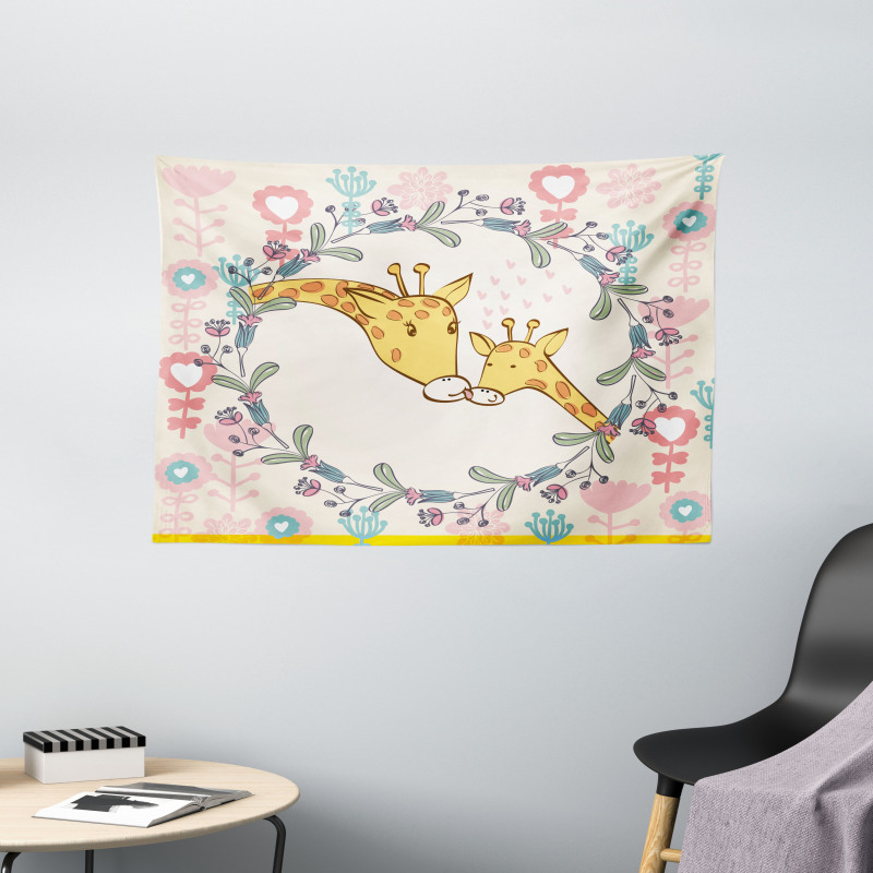 Cartoon Mom and Kid Wide Tapestry