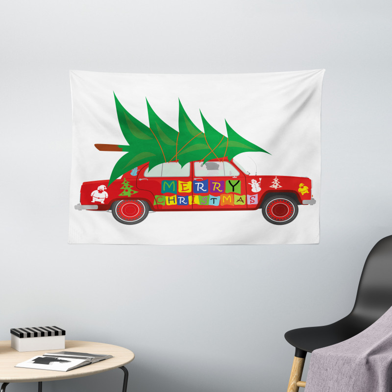 Red Vintage Car Elf Wide Tapestry