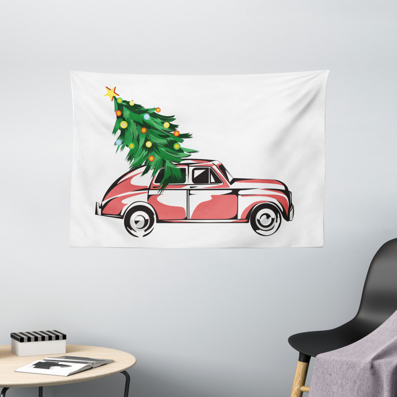 Retro Car Xmas Tree Wide Tapestry