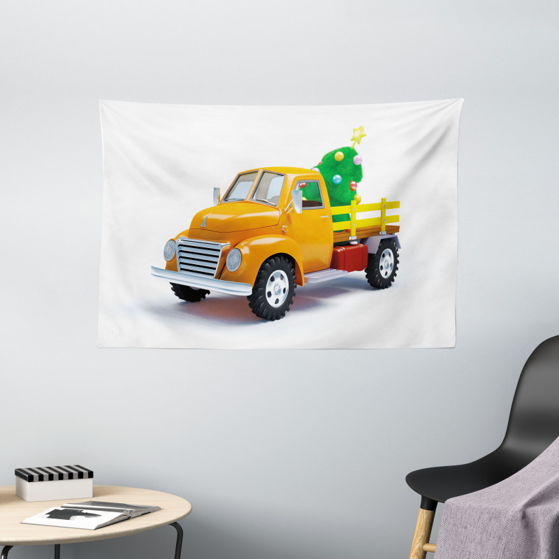 Yellow Vintage Truck Wide Tapestry
