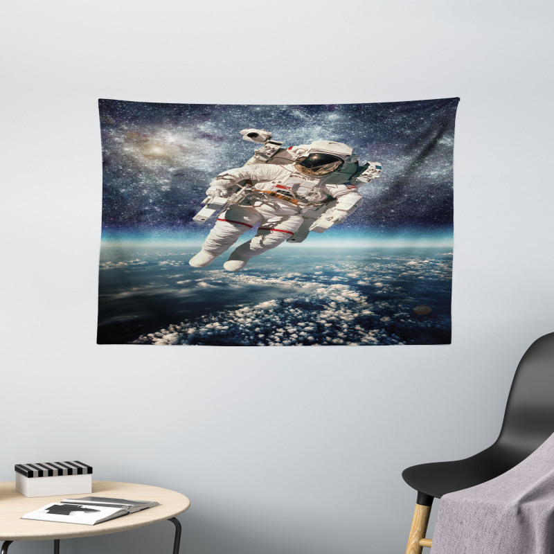 Astronaut Floats Outer Space Wide Tapestry