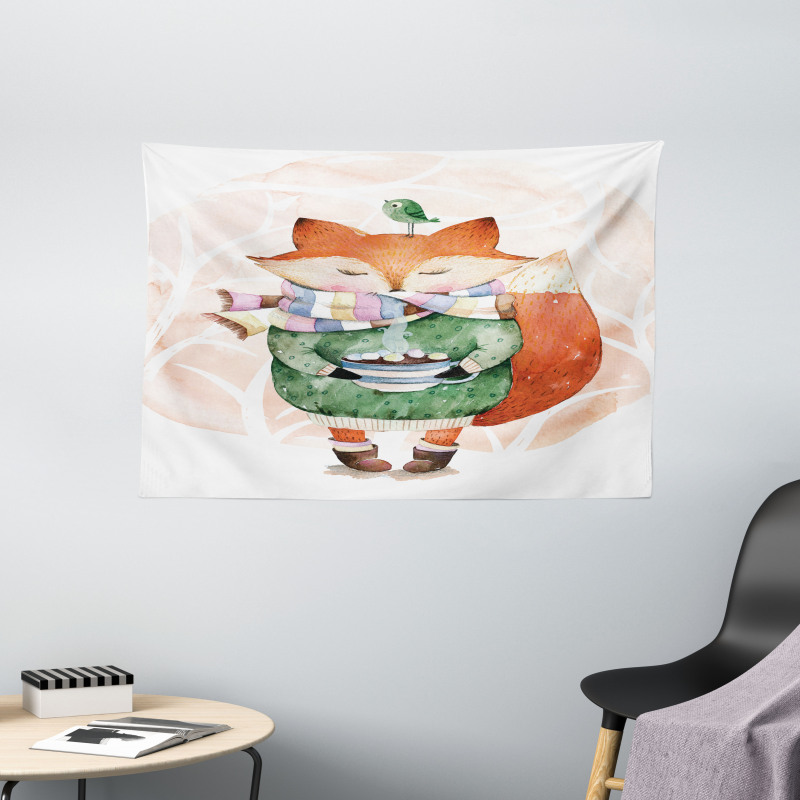 Lİttle Fox and Bird Wide Tapestry