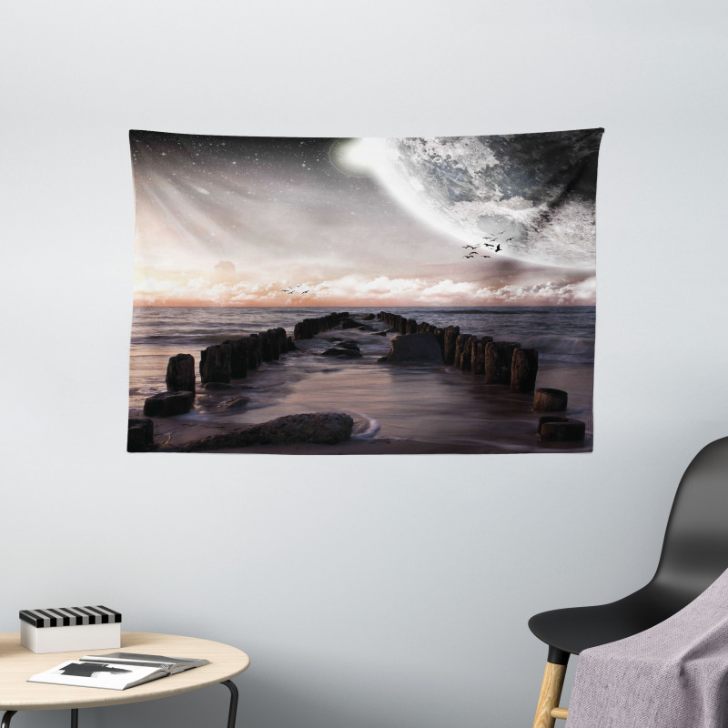 Old Pier Sea and Beach Wide Tapestry