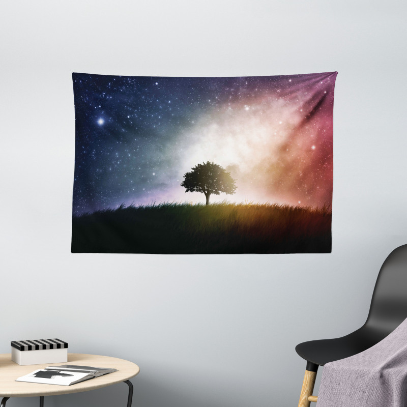 Tree in Field with Stars Wide Tapestry