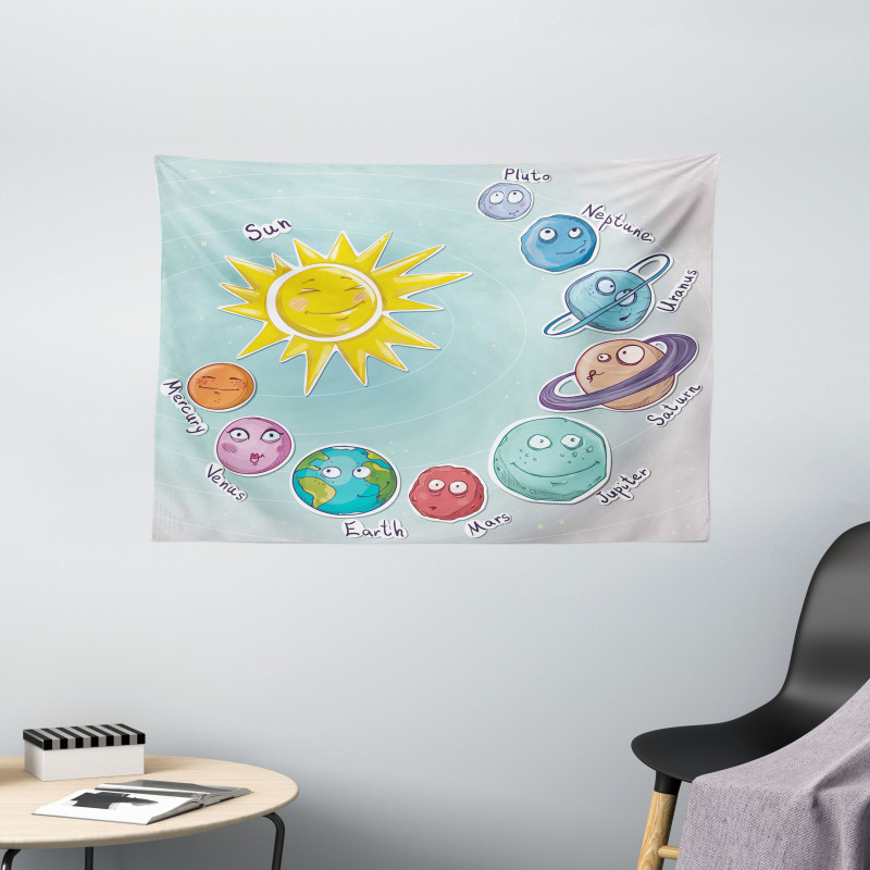 Cartoon Sun Planets Wide Tapestry