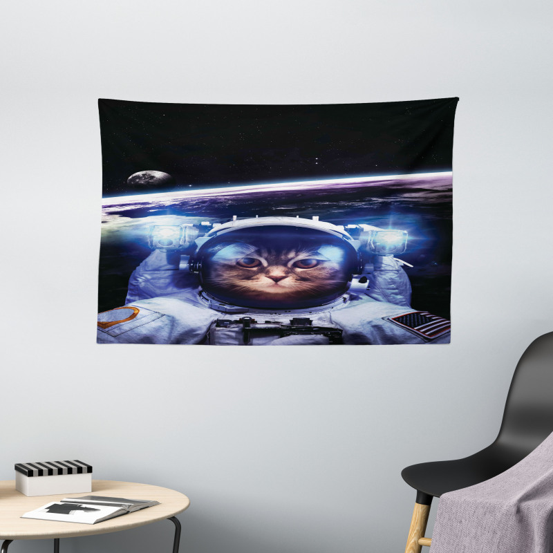 Funny Astronaut Cat Humor Wide Tapestry